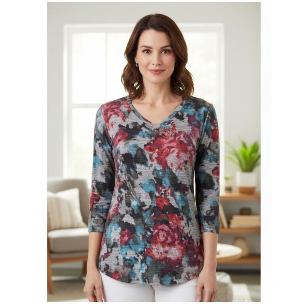Pure Amici Top Floral Print Knit Pullover Luxury Brand NWT Womens Size XS